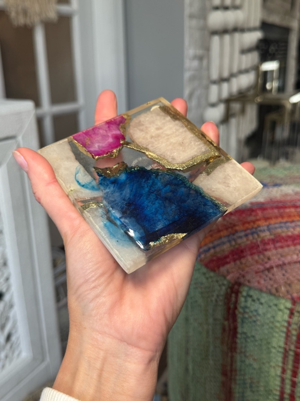 Anthropologie Multicolor Gemstone Mosaic Coasters with Gold Veining set of 4 - Picture 4 of 4